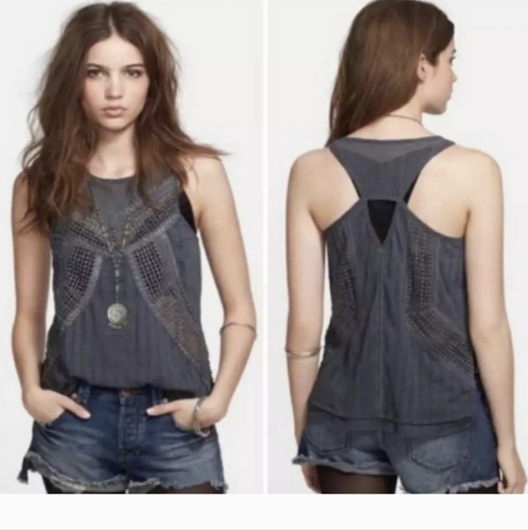 Free People Grey Trinity Boho Sleeveless  Beaded Open Weeve Tank Blouse Large - Picture 1 of 12